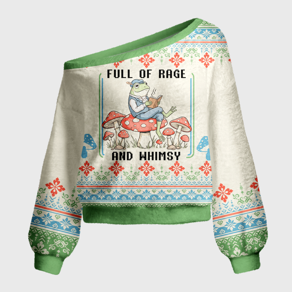 Pagewings Full Of Rage and Whimsy Off Shoulder Ugly Knit Sweater