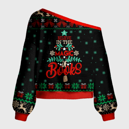 Pagewings Believe In The Magic Of Books Off Shoulder Ugly Knit Sweater