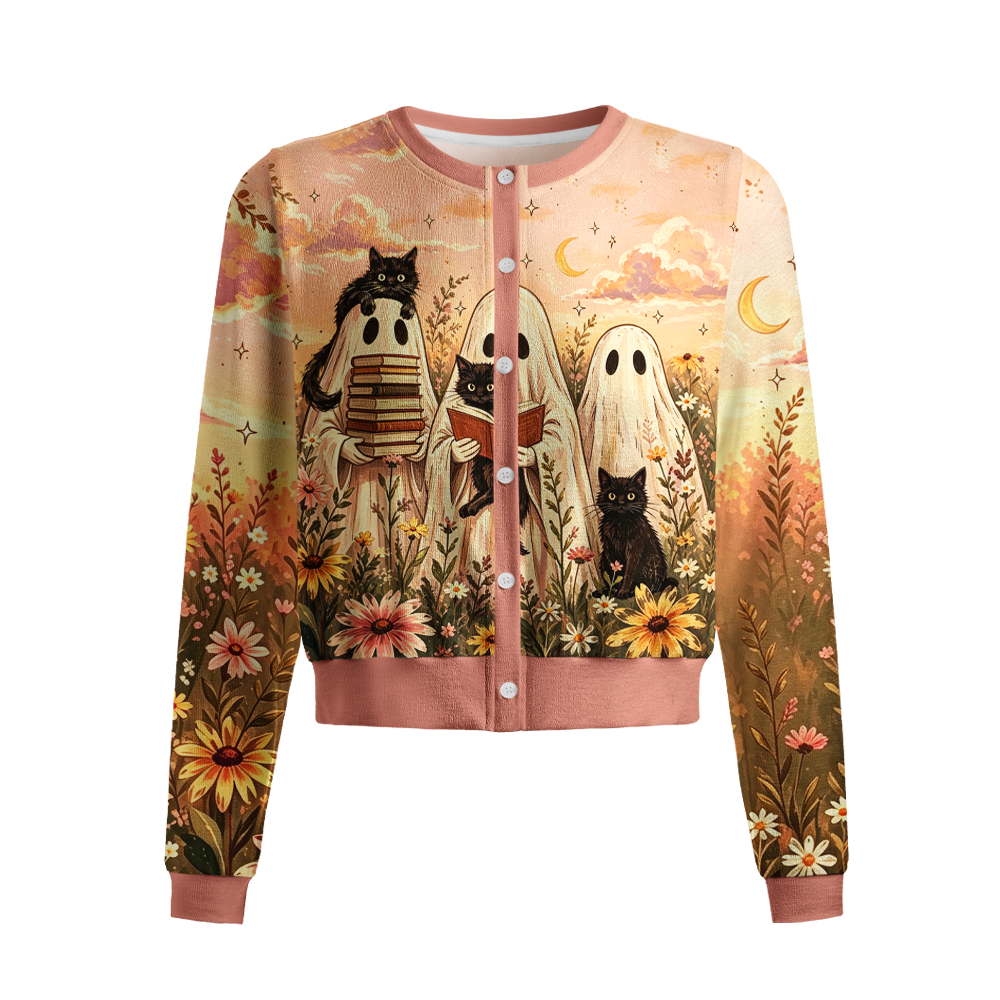 Pagewings Ghosts Love Reading Crew Neck Cardigan Sweaters