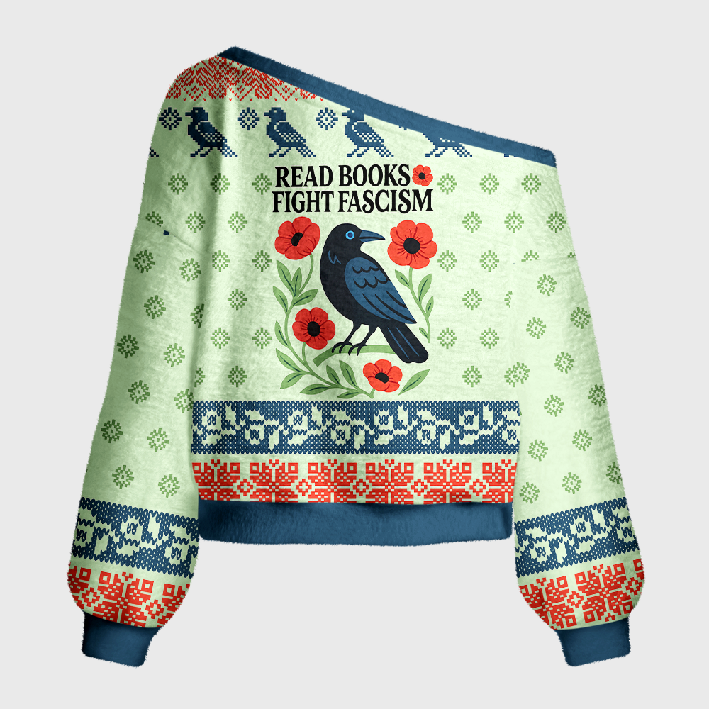 Pagewings Rockstar Librarian Off Shoulder Ugly Knit Sweater