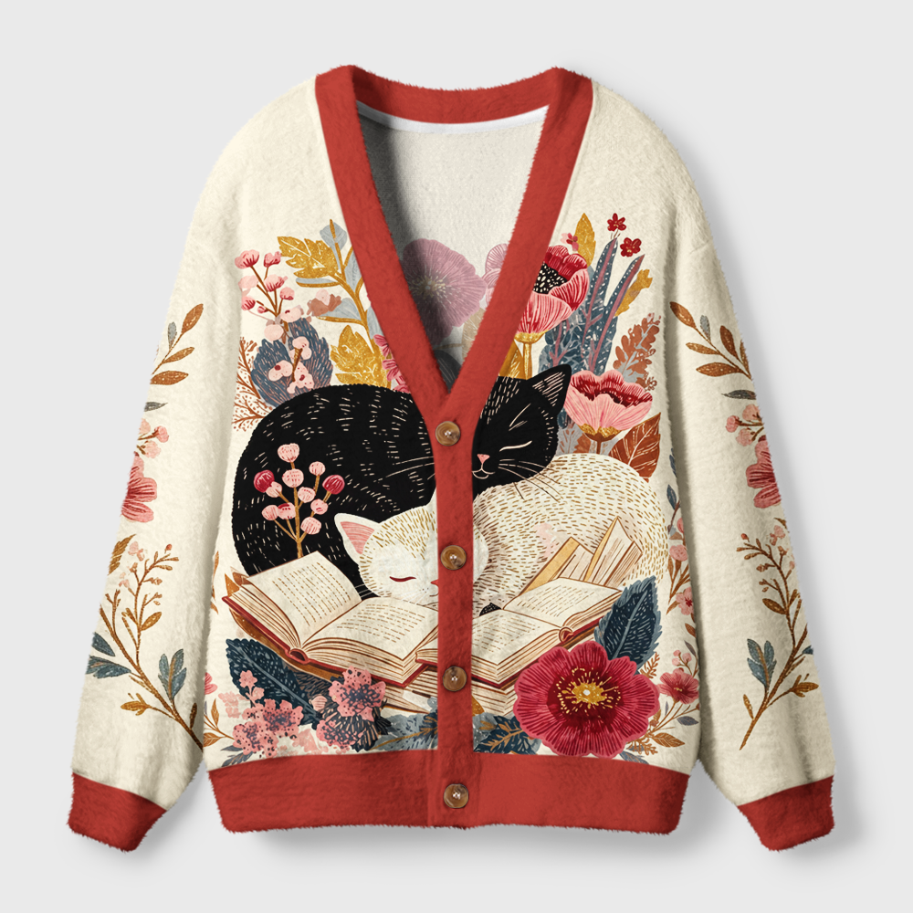 Pagewings Cat Book Lover Light Knit Unisex Cardigan Sweaters