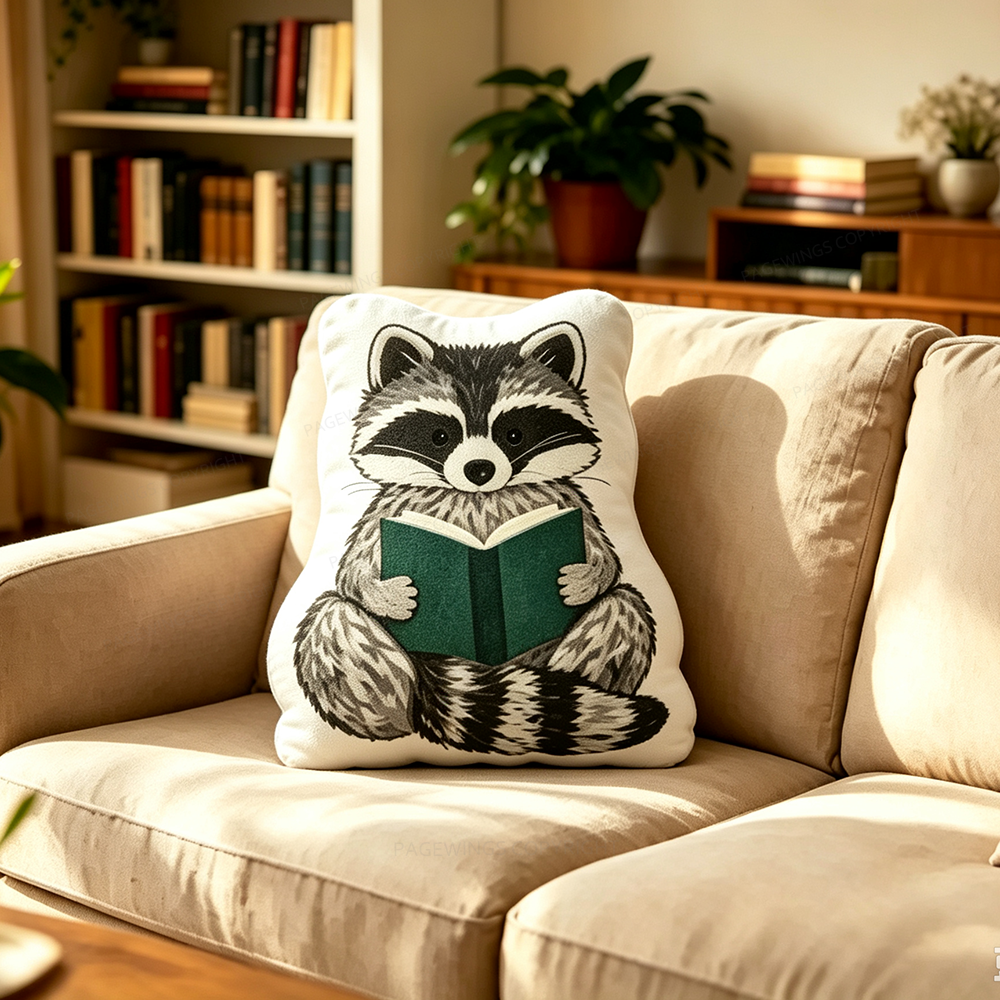 Pagewings Racoon Reading Shaped Throw Pillow