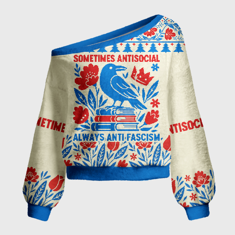 Pagewings Anti Fascism Off Shoulder Ugly Knit Sweater
