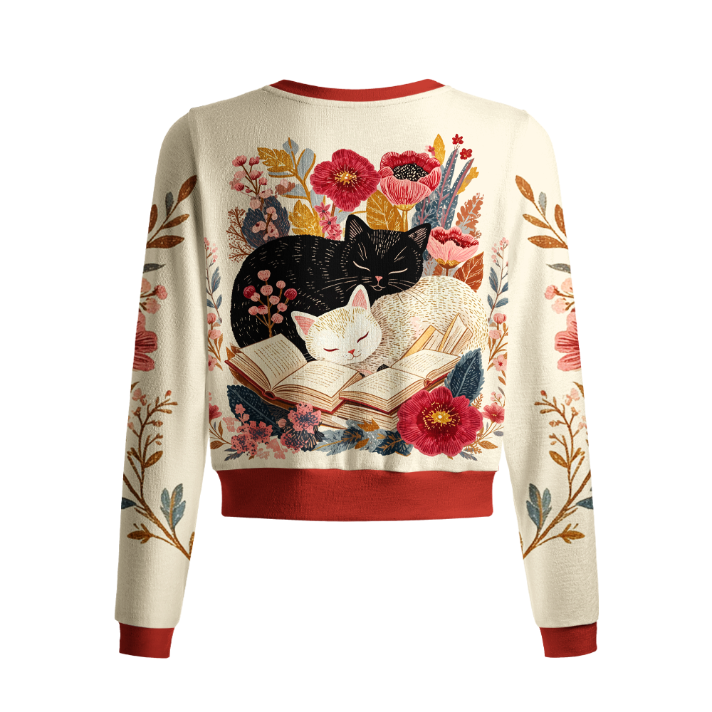 Pagewings Cat Book Lover Crew Neck Cardigan Sweaters