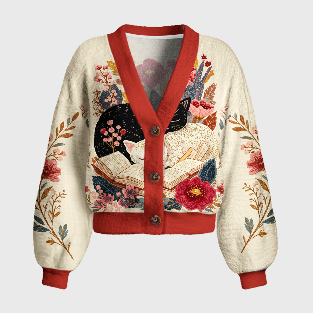 Pagewings Cat Book Lover Women's Cardigan Sweater