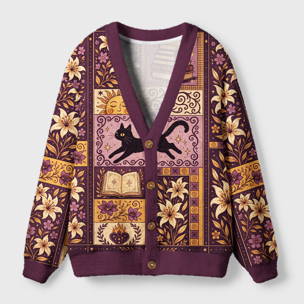 Pagewings Cat Book Lover Light Knit Unisex Cardigan Sweaters