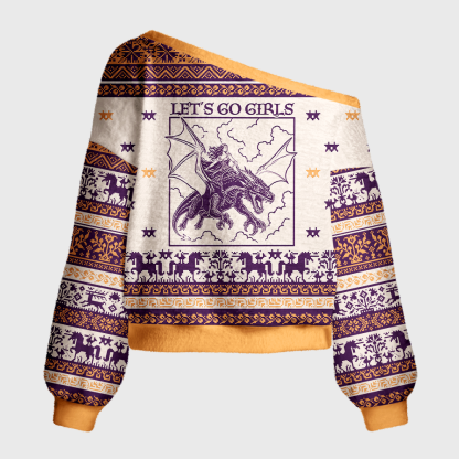 Pagewings Fantasy Graphic Off Shoulder Ugly Knit Sweater