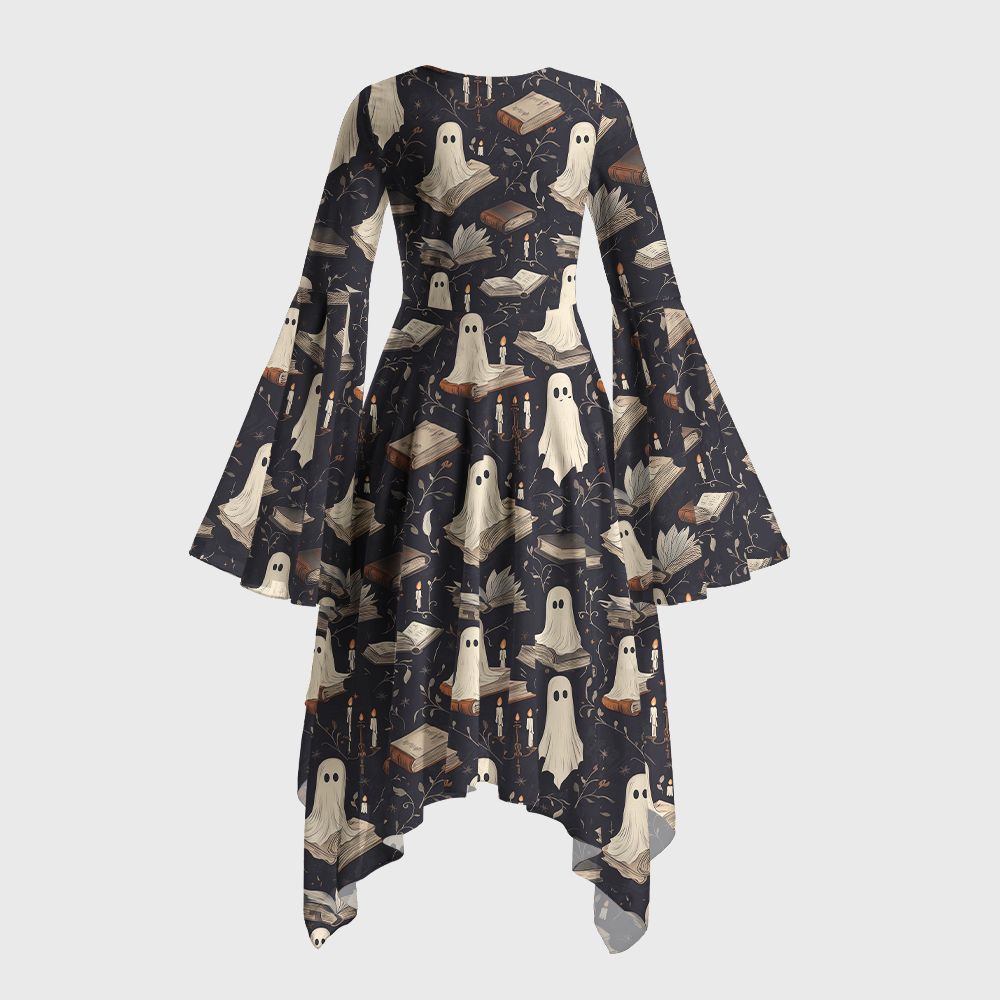 Pagewings Ghosts Love Reading Bell Sleeve Dress