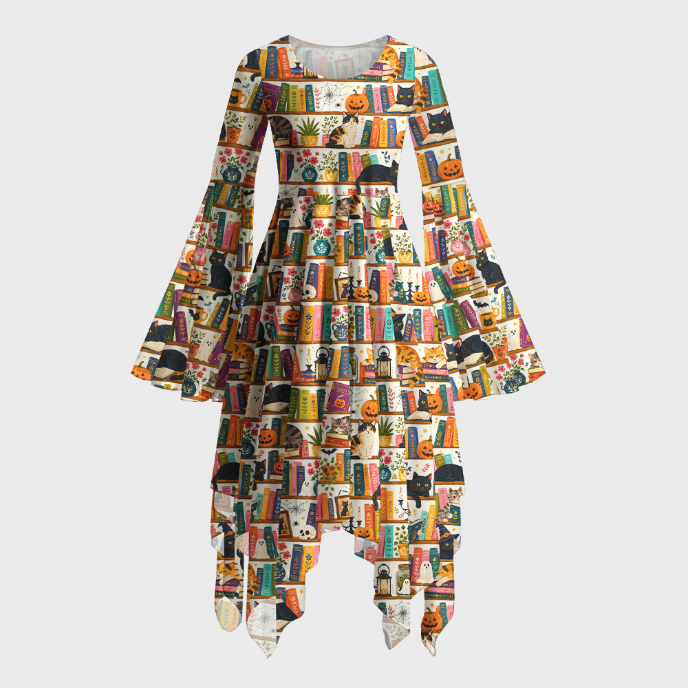 Pagewings Halloween Bookish Reading Bell Sleeve Dress