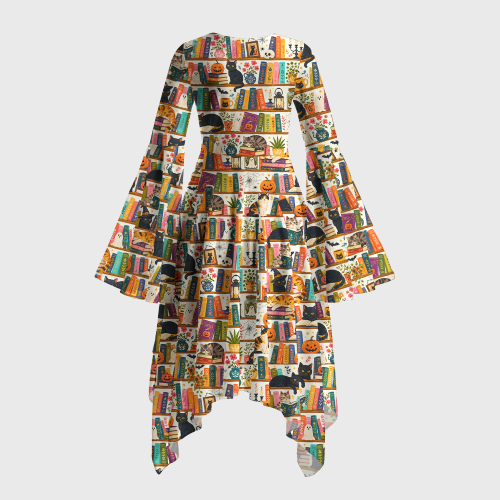 Pagewings Halloween Bookish Reading Bell Sleeve Dress