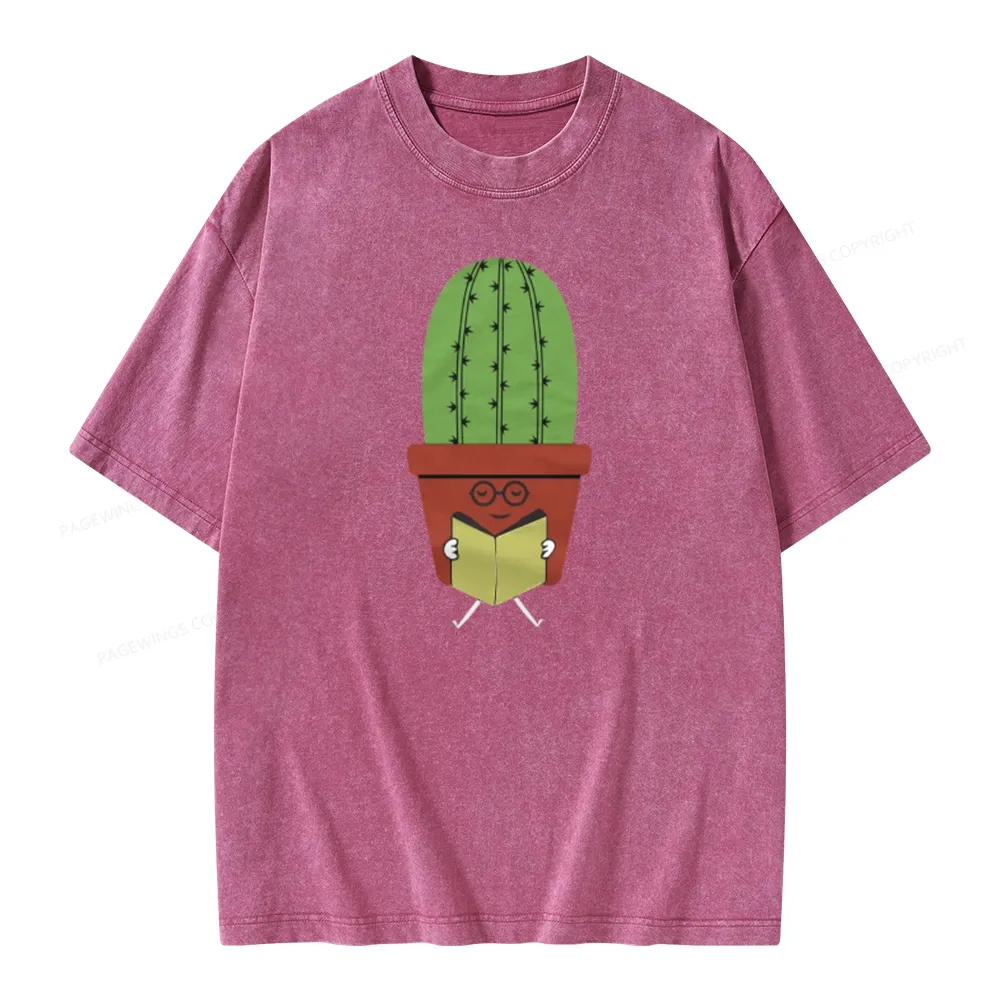 Pagewings Cute Cactus Reading Books Unisex Washed T-shirt