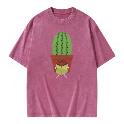 Pagewings Cute Cactus Reading Books Unisex Washed T-shirt