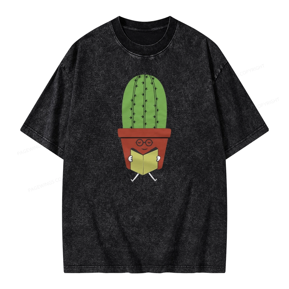 Pagewings Cute Cactus Reading Books Unisex Washed T-shirt