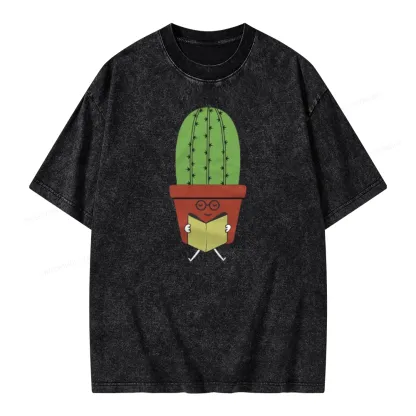 Pagewings Cute Cactus Reading Books Unisex Washed T-shirt