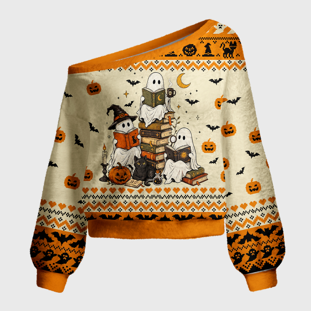 Pagewings Halloween Bookish Off Shoulder Ugly Knit Sweater