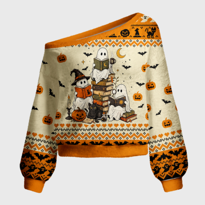 Pagewings Halloween Bookish Off Shoulder Ugly Knit Sweater