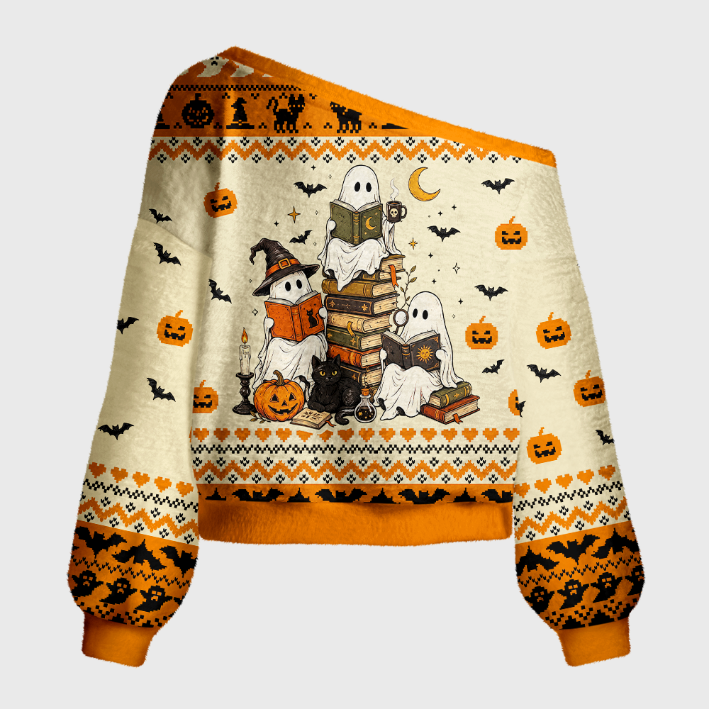 Pagewings Halloween Bookish Off Shoulder Ugly Knit Sweater