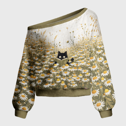 Pagewings Cat Book Lover Off Shoulder Ugly Knit Sweater