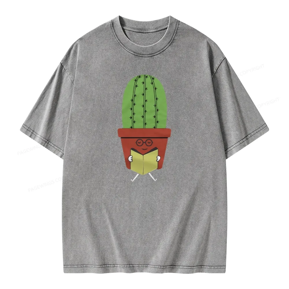 Pagewings Cute Cactus Reading Books Unisex Washed T-shirt