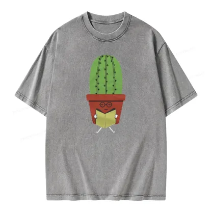 Pagewings Cute Cactus Reading Books Unisex Washed T-shirt