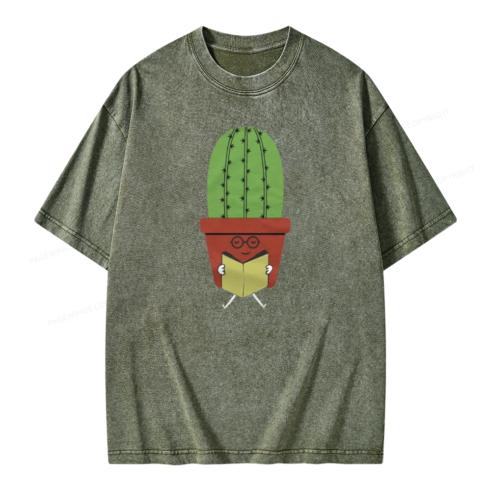 Pagewings Cute Cactus Reading Books Unisex Washed T-shirt