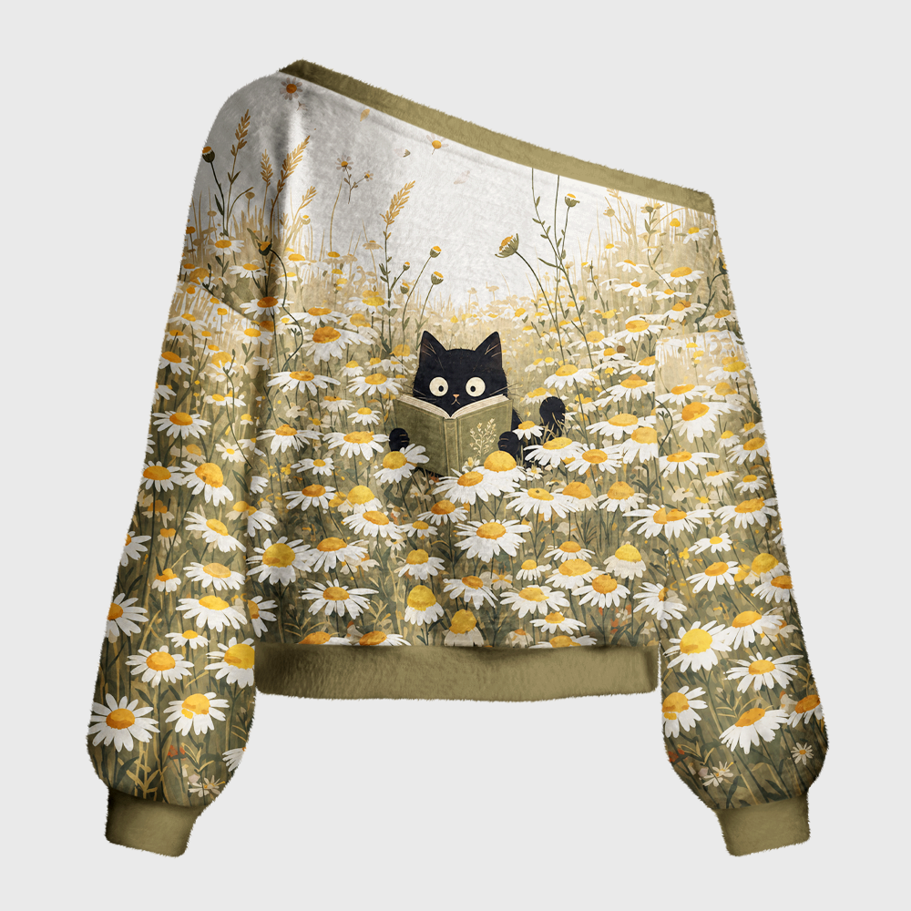 Pagewings Cat Book Lover Off Shoulder Ugly Knit Sweater