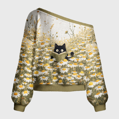 Pagewings Cat Book Lover Off Shoulder Ugly Knit Sweater