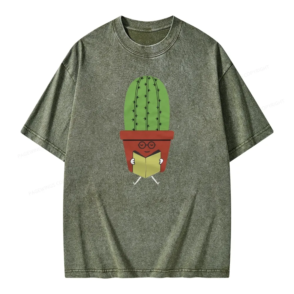 Pagewings Cute Cactus Reading Books Unisex Washed T-shirt