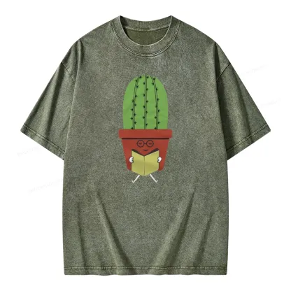 Pagewings Cute Cactus Reading Books Unisex Washed T-shirt