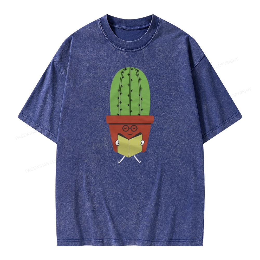 Pagewings Cute Cactus Reading Books Unisex Washed T-shirt