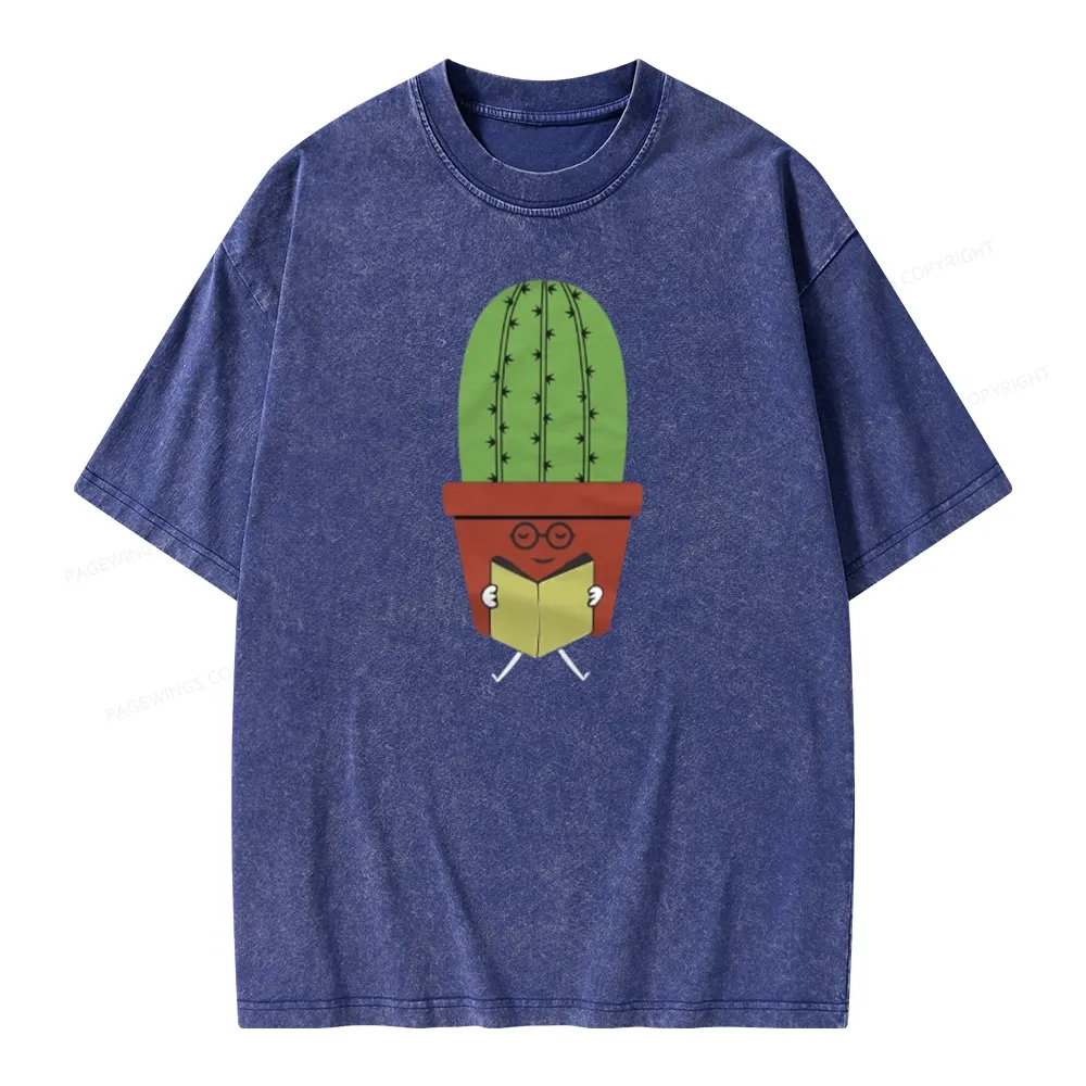 Pagewings Cute Cactus Reading Books Unisex Washed T-shirt