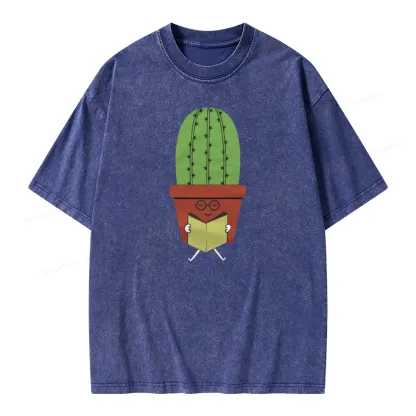 Pagewings Cute Cactus Reading Books Unisex Washed T-shirt