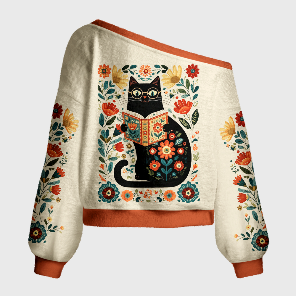 Pagewings Cat Book Lover Off Shoulder Ugly Knit Sweater