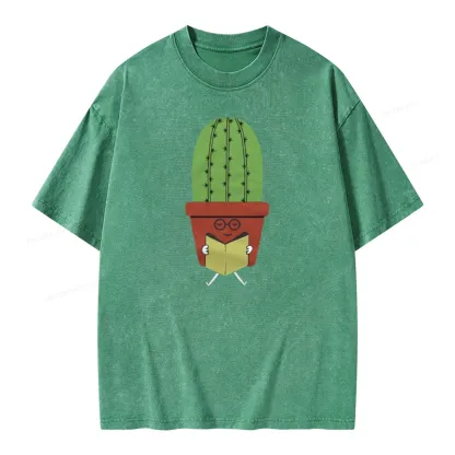 Pagewings Cute Cactus Reading Books Unisex Washed T-shirt