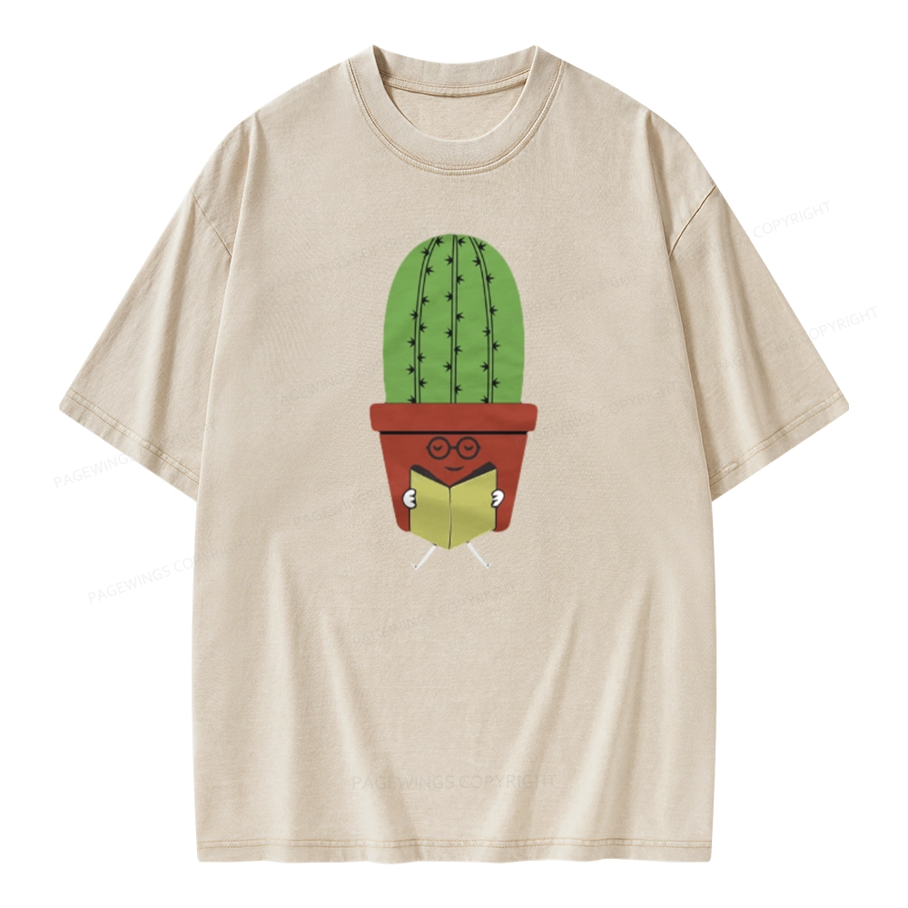 Pagewings Cute Cactus Reading Books Unisex Washed T-shirt