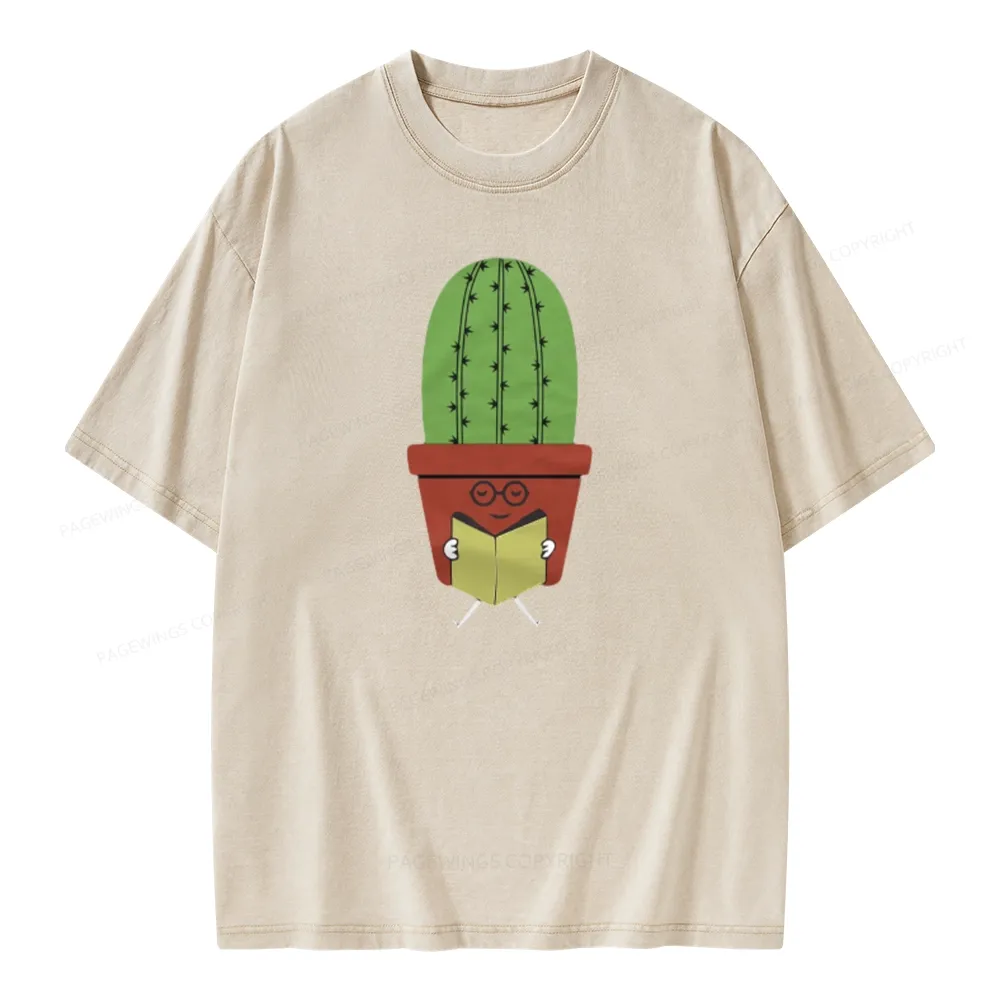 Pagewings Cute Cactus Reading Books Unisex Washed T-shirt