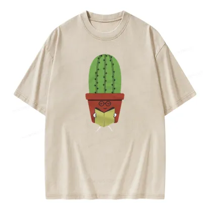 Pagewings Cute Cactus Reading Books Unisex Washed T-shirt