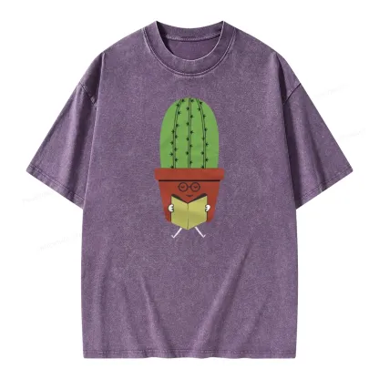 Pagewings Cute Cactus Reading Books Unisex Washed T-shirt