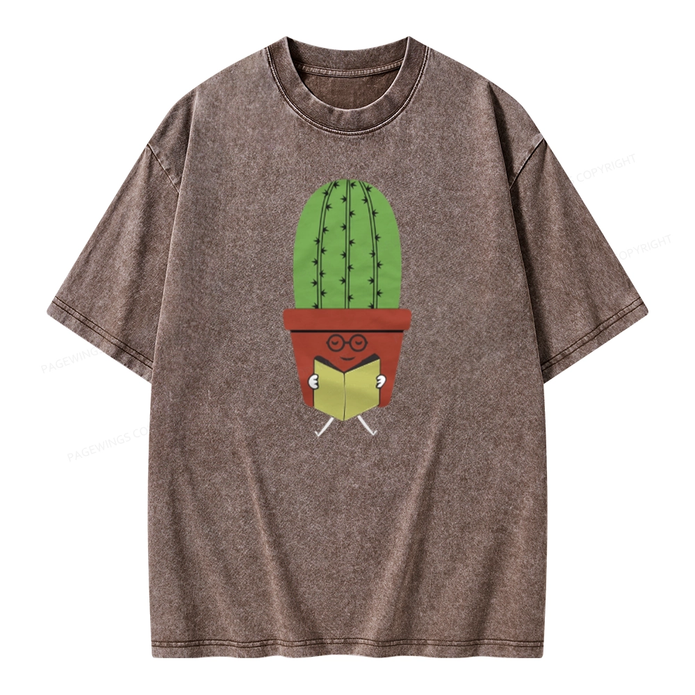 Pagewings Cute Cactus Reading Books Unisex Washed T-shirt