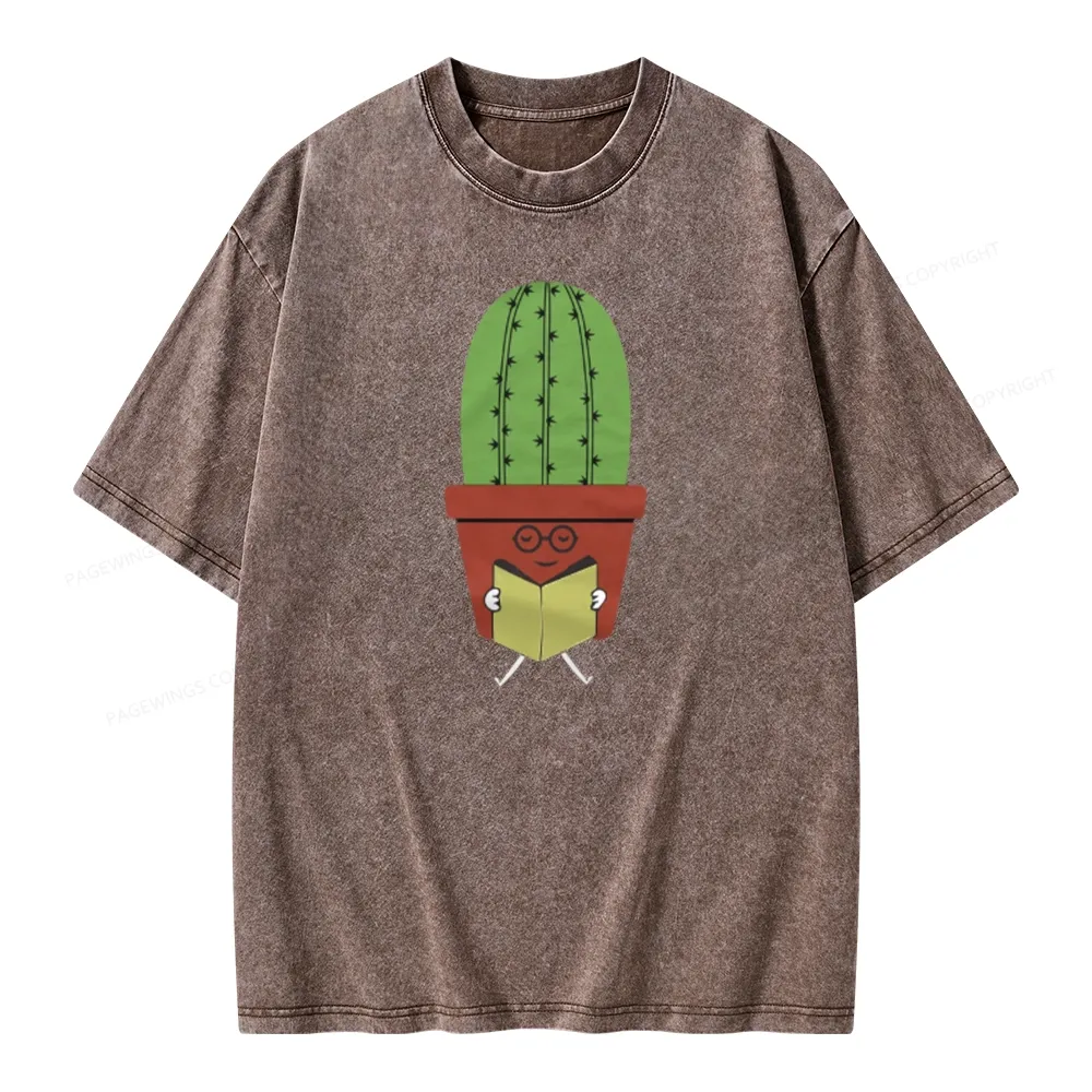 Pagewings Cute Cactus Reading Books Unisex Washed T-shirt