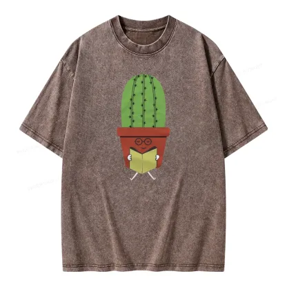 Pagewings Cute Cactus Reading Books Unisex Washed T-shirt