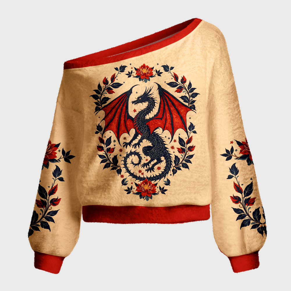 Pagewings Book Dragon Off Shoulder Ugly Knit Sweater