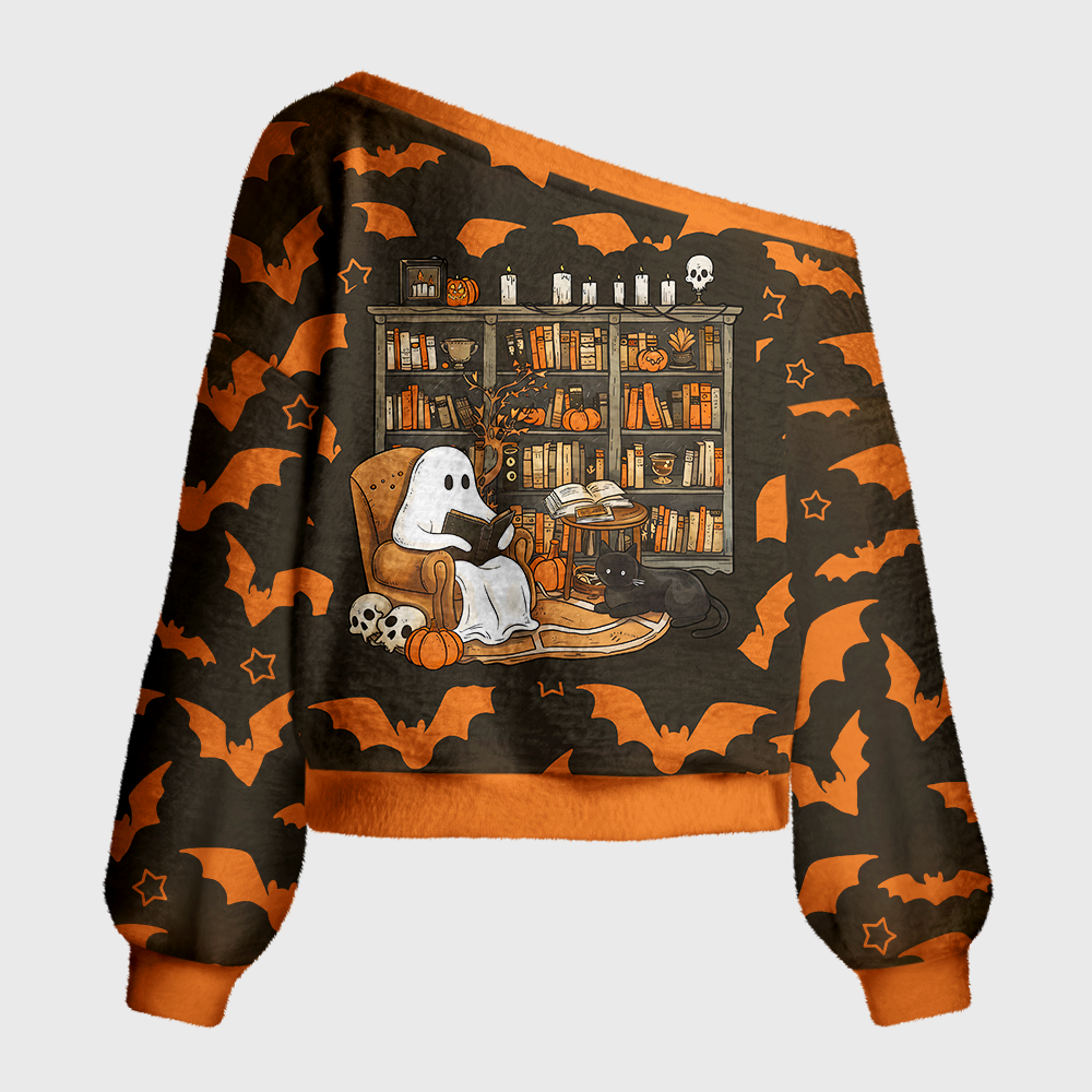 Pagewings Halloween Bookish Off Shoulder Ugly Knit Sweater