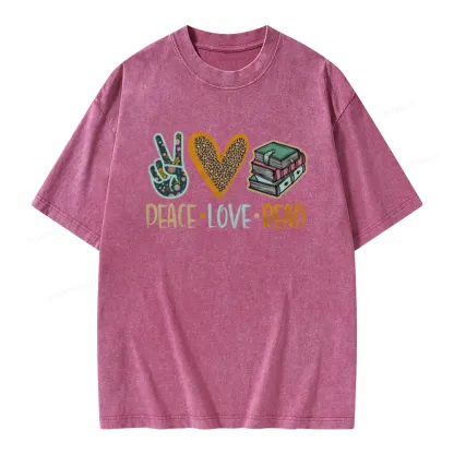 Pagewings Peace Love Read Books Unisex Washed T-shirt