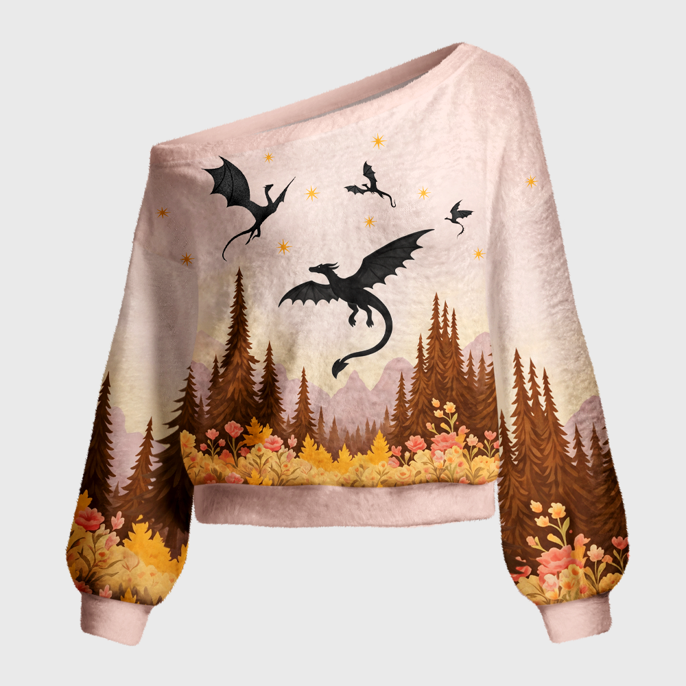 Pagewings Book Dragon Off Shoulder Ugly Knit Sweater