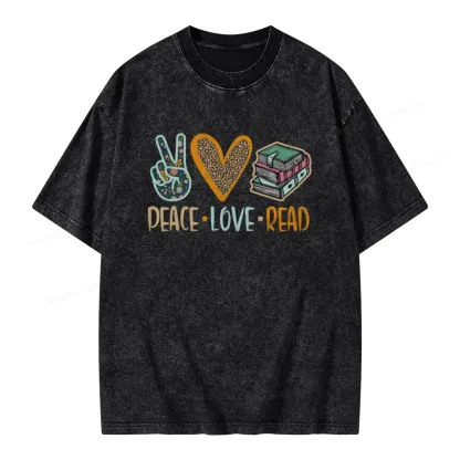 Pagewings Peace Love Read Books Unisex Washed T-shirt