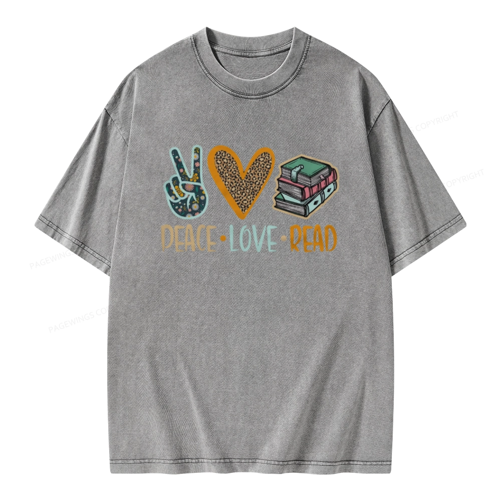 Pagewings Peace Love Read Books Unisex Washed T-shirt