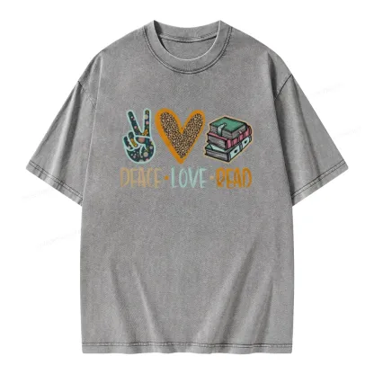 Pagewings Peace Love Read Books Unisex Washed T-shirt