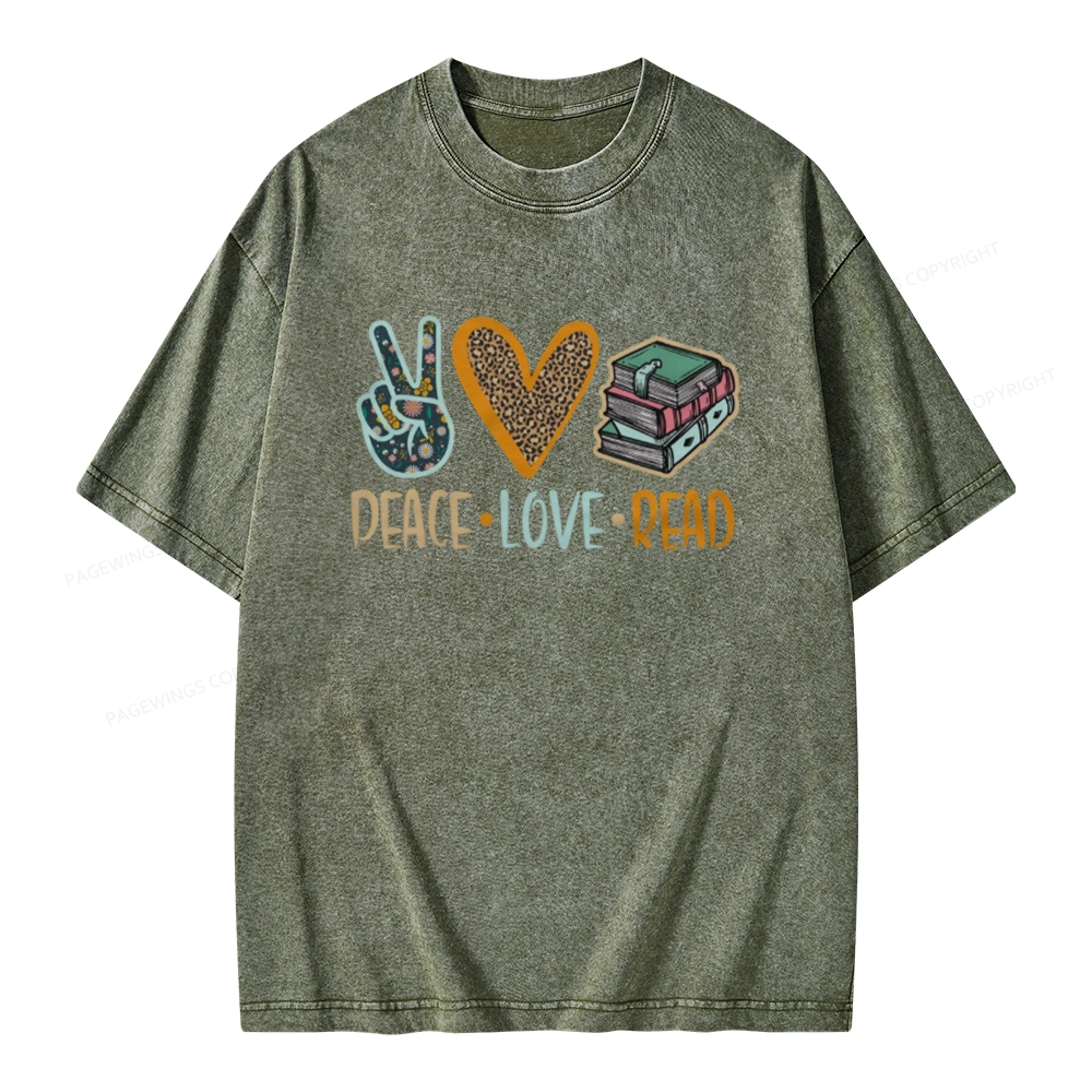 Pagewings Peace Love Read Books Unisex Washed T-shirt