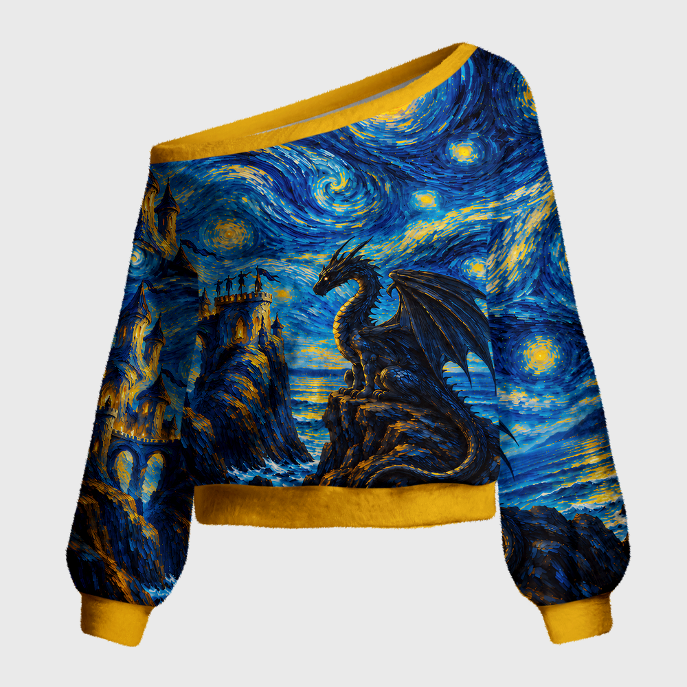 Pagewings Book Dragon Off Shoulder Ugly Knit Sweater